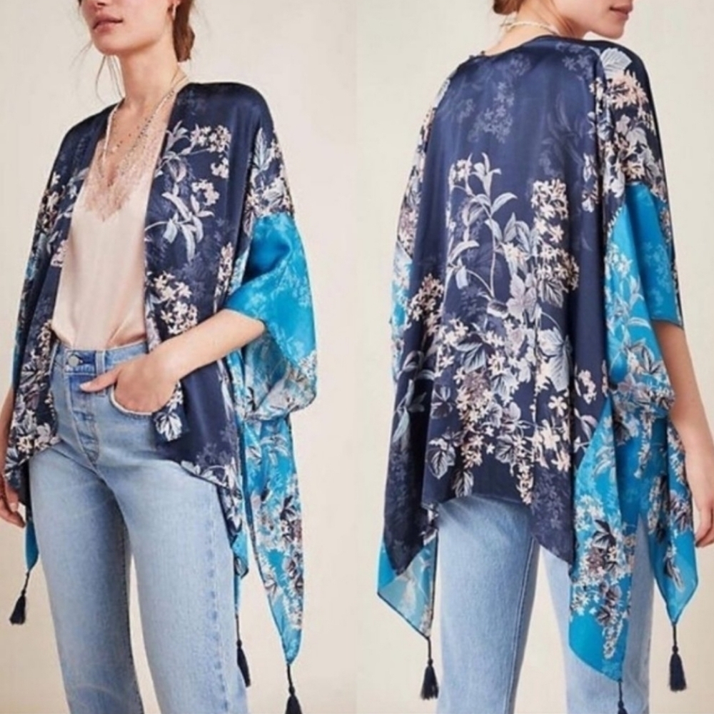 Anthropologie X Kachel Jamie Tasseled Kimono Viscose Silk Blend One Size Tunic